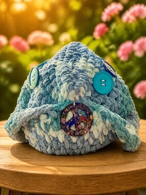 Chunky Knit Peace Sign Bucket Hat Variegated Aqua Blue Marled Festival